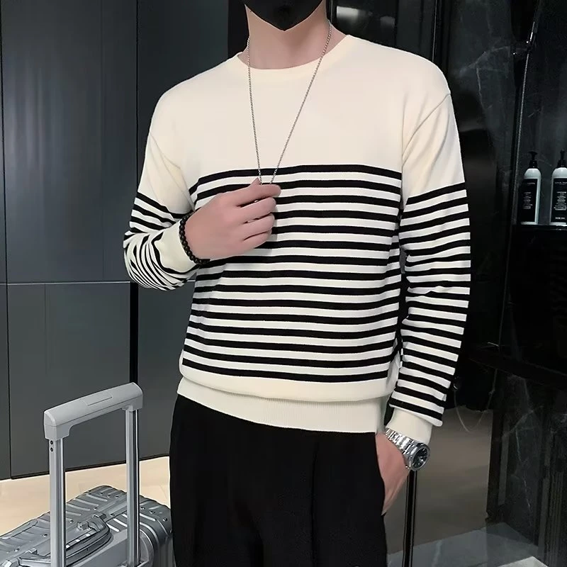 2023秋冬季条纹撞色圆领毛衣男女简约bf时尚长袖保暖内搭针织毛衫