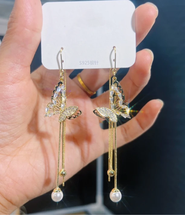 铜合金合成锆石耳饰 气质蝴蝶耳线百搭时尚