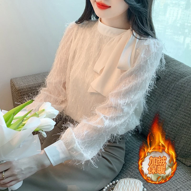 加绒打底衫女2023秋冬新款洋气蕾丝内搭上衣时尚别致小衫