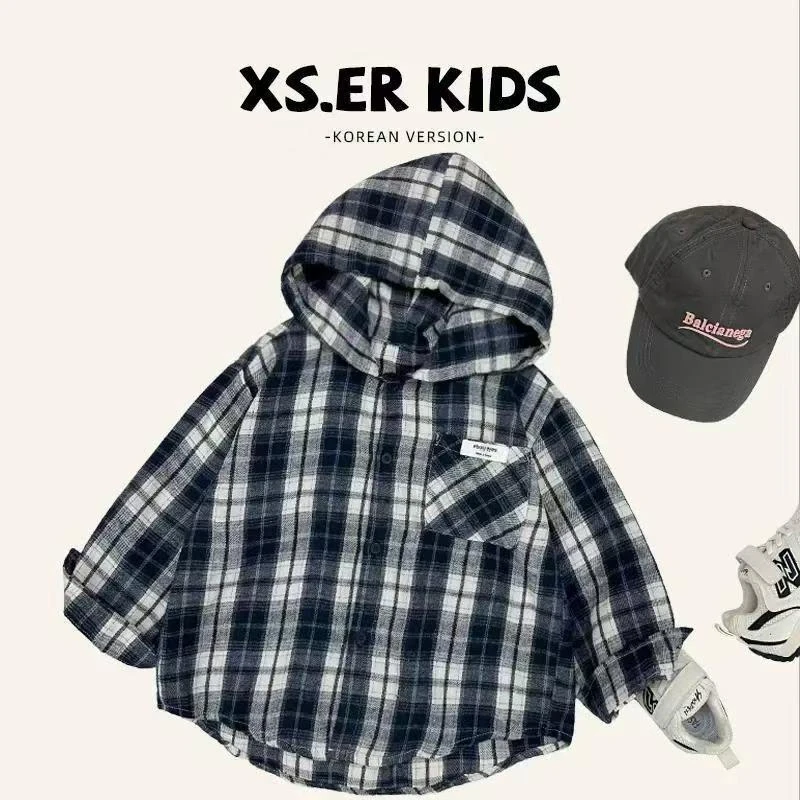 男童秋装儿童春秋款韩版潮流格子设计休闲中大童宽松衬衫连帽外套