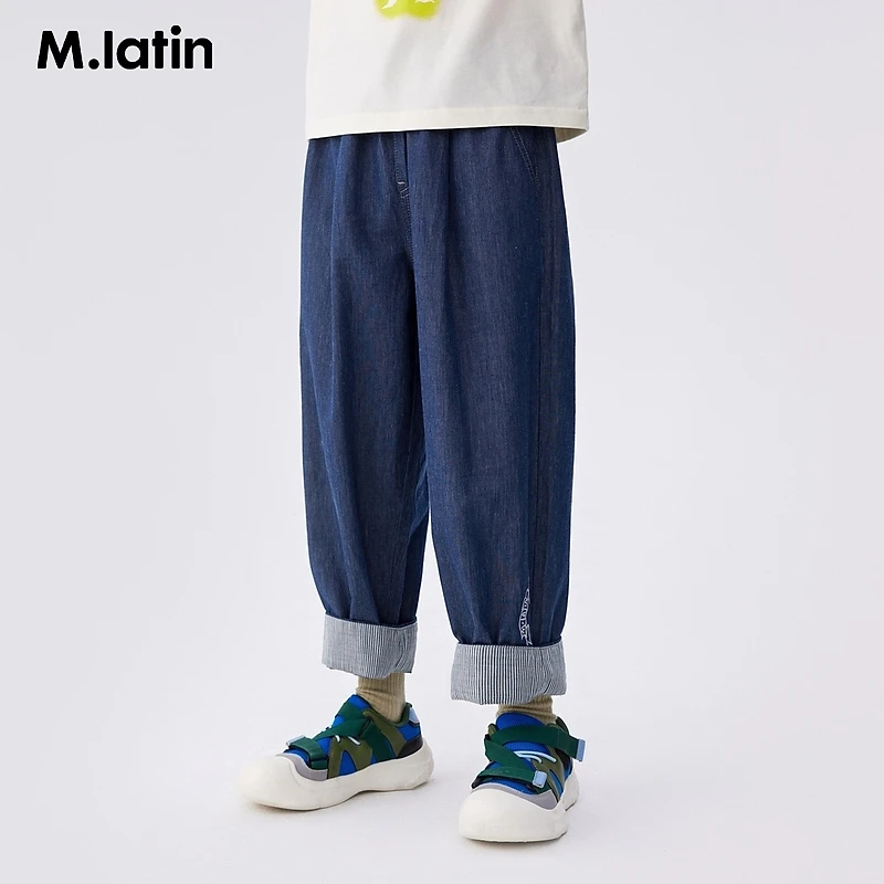 马拉丁童装儿童裤子夏新款男童女童大小童丝光刺绣两穿牛仔长裤