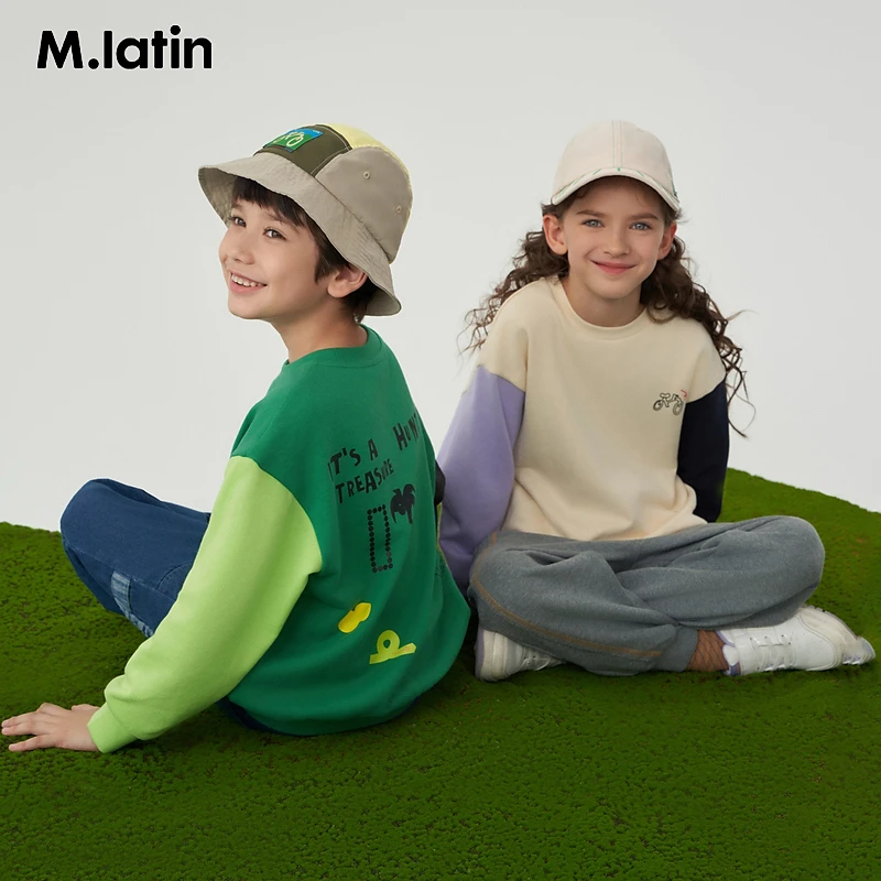 马拉丁童装儿童卫衣春款男童女童大童不对称拼接柔软圆领卫衣