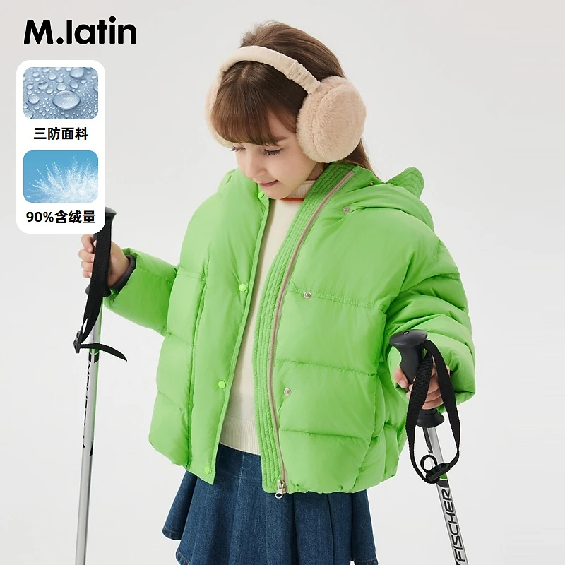 马拉丁童装儿童羽绒服冬季大童不规则门襟大帽檐羽绒夹克