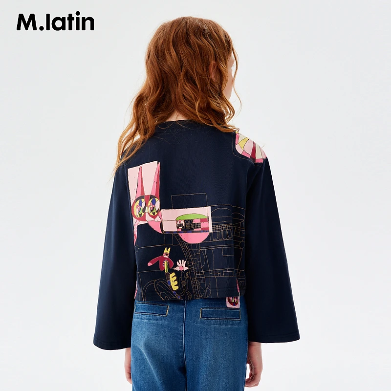 马拉丁童装T恤春秋女大童撞色后领织带纯棉喇叭袖短款T恤