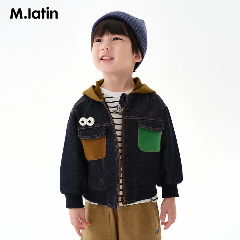 马拉丁童装儿童外套秋装新款男童小童撞色口袋立体装饰牛仔外套