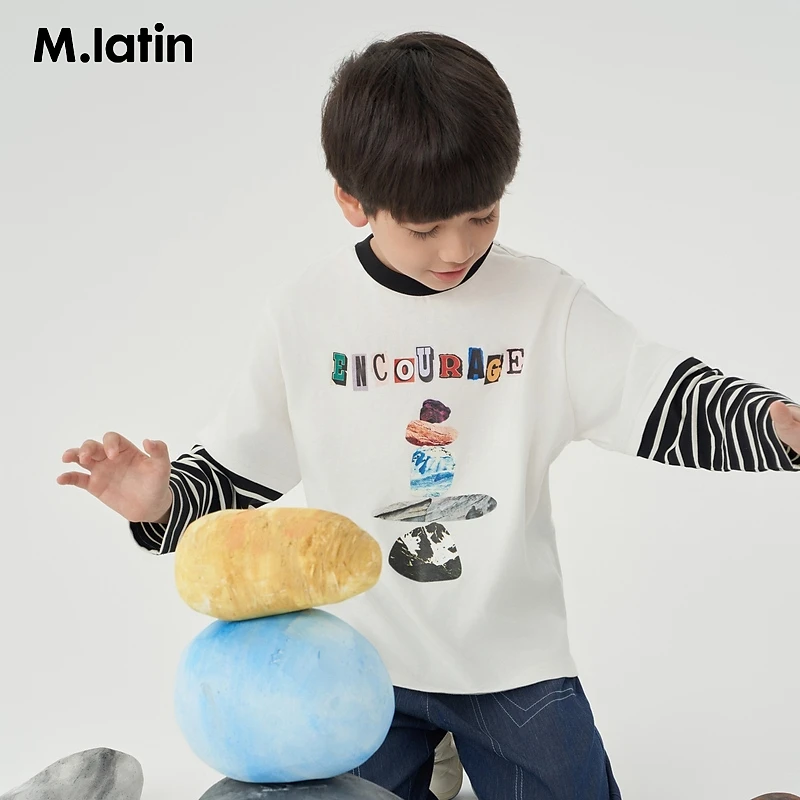 马拉丁童装儿童T恤2024春装新款男女童大童趣味印花假两件套头T恤