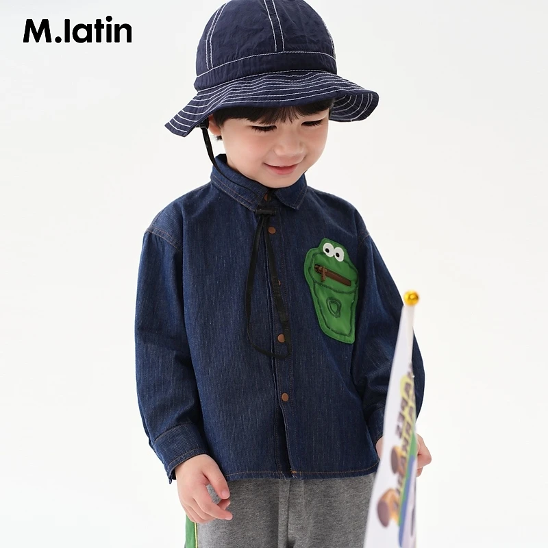 马拉丁童装儿童衬衫春秋男小童竹节牛仔撞色贴布长袖衬衫