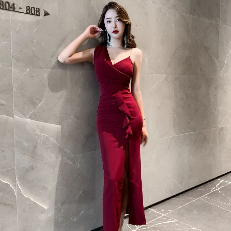 新款性感气质开叉包臀显瘦长裙修身显瘦时尚名媛宴会红色露背礼服