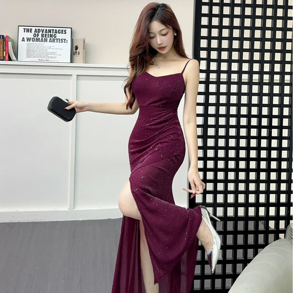 法式纯欲风亮闪闪v领气质吊带连衣裙女夏收腰包臀长裙开叉礼服裙