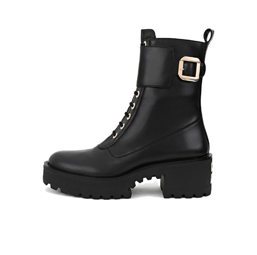 "W07"Luna秋冬短筒靴皮革面女士百搭方扣短靴纯色潮流短靴子0049#