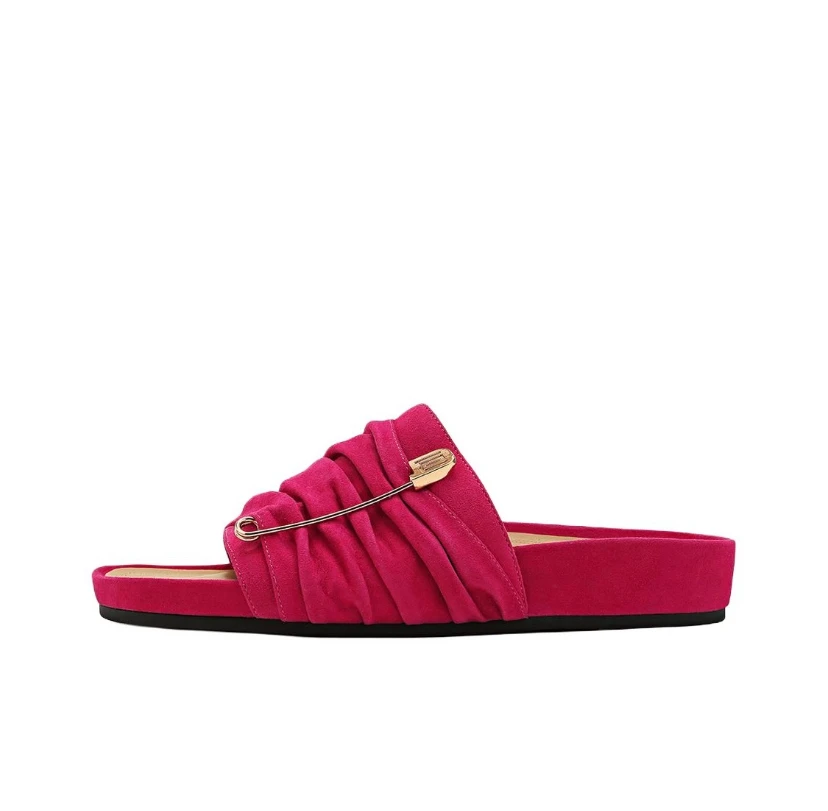 【D04】LUNA夏季圆头套脚一字平底休闲纯色绒皮回形针款拖鞋1065#