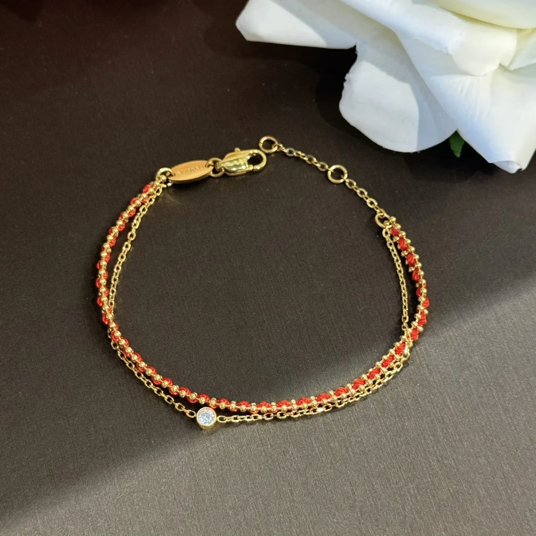 合金合成锆石手链 杨杨babytime可碰水！时尚双层编织红绳单钻手链