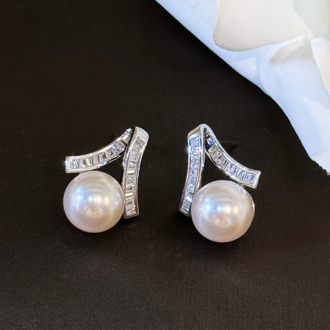 合金仿珍珠耳饰 杨杨babytime名媛风满钻V字10mm莫奈紫仿珍珠耳钉