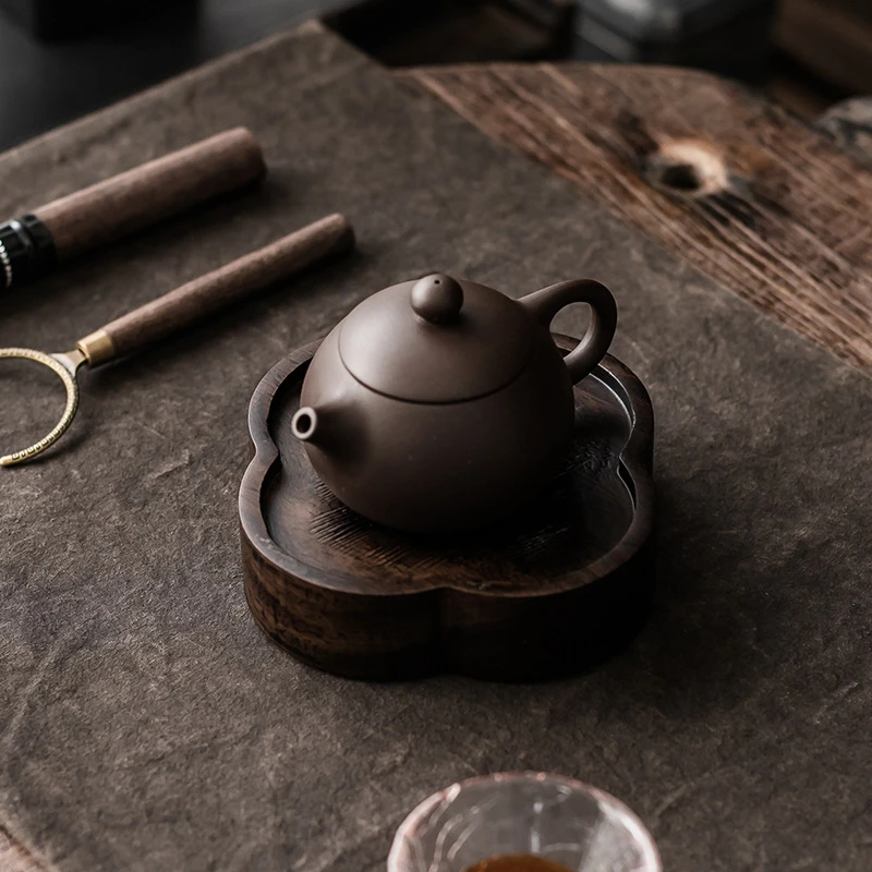 【浅刻好物】黑檀木六角梅花整木壶承小茶台 实木壶承茶壶