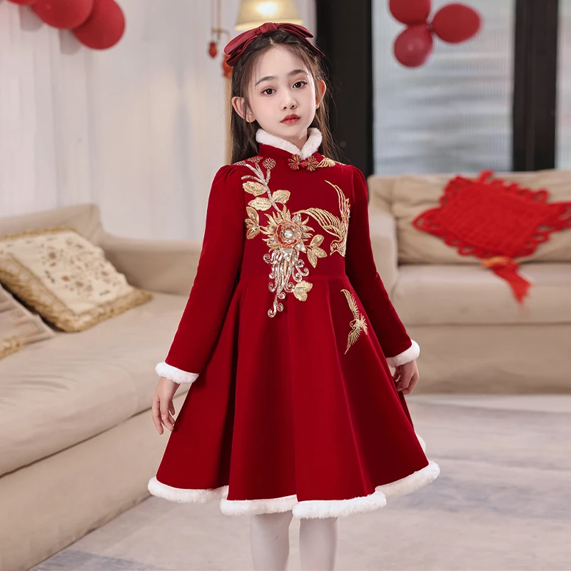 女童礼服长袖高端公主裙加绒冬生日儿童加厚过年服中式钢琴演出服