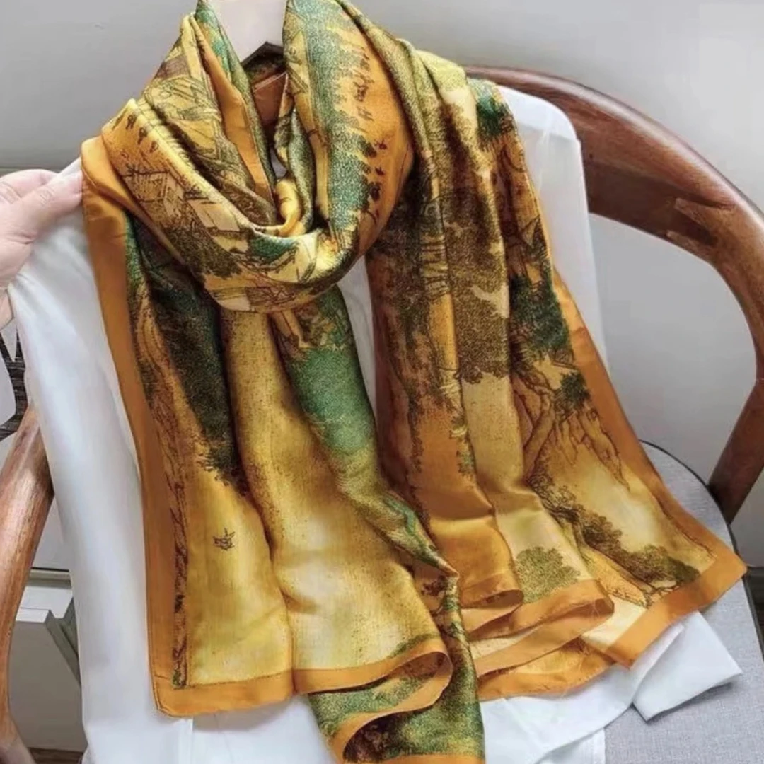 032  清明上河图 气质贵气180*80丽景缎新款长巾百搭围巾高端丝巾