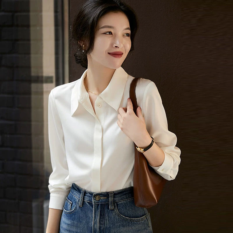 高端时尚洋气百搭白色衬衫女春秋季长袖免烫垂感职业通勤打底上衣
