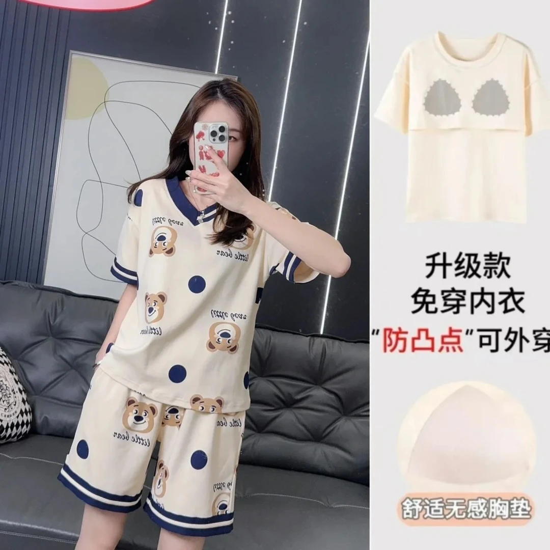 带胸垫睡衣女款卡通夏季v领小熊短袖外穿短裤夏天休闲套装