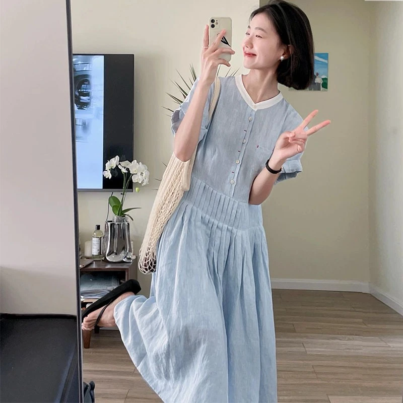 日系复古重工文艺蓝色连衣裙女夏季新款温柔风气质收腰褶皱长裙子