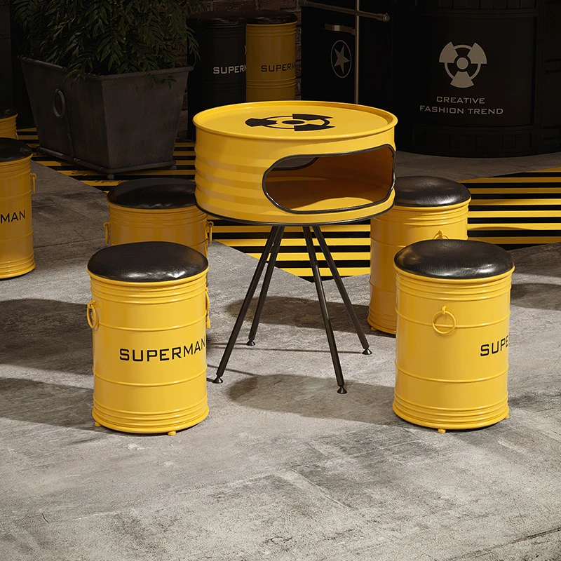 TICEENA复古小酒馆工业风酒吧咖啡烧烤店西餐厅圆形铁艺油桶餐桌