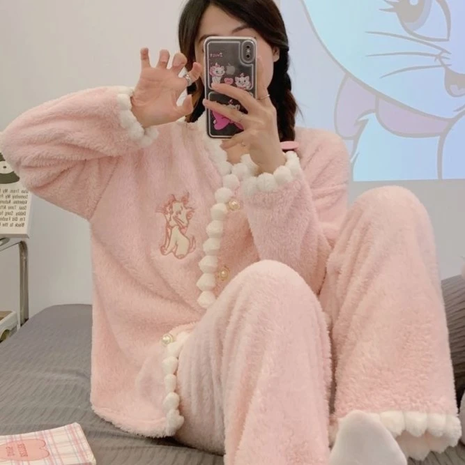 睡衣女春秋冬季法兰绒加厚长袖套装少女粉色可爱休闲家居服4031