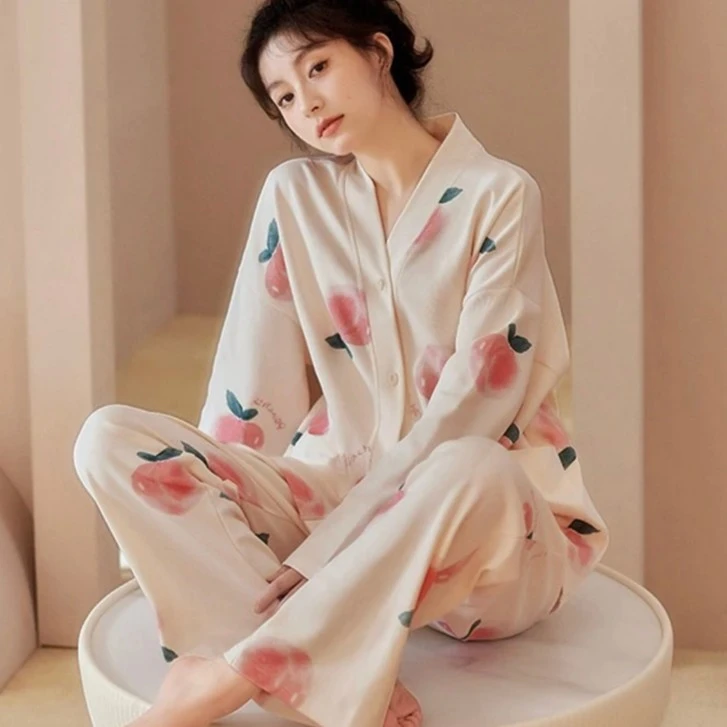 睡衣女夏季长袖甜美水蜜桃高级感家居服新款春秋季可外穿薄款CJ