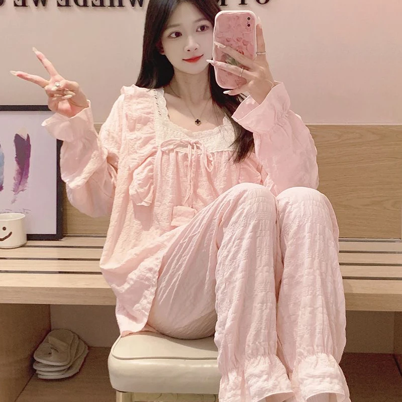 睡衣女春秋款长袖长裤新款公主风可爱外穿蝴蝶结家居服套装女1027