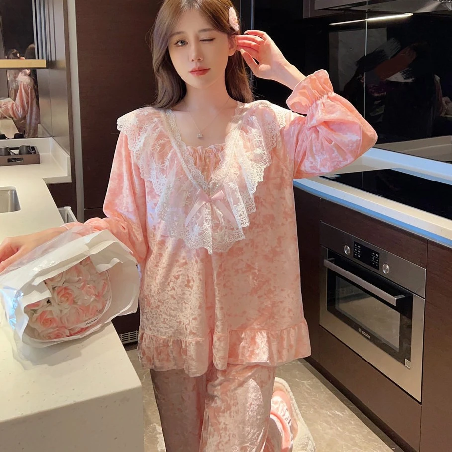 甜美公主风睡衣女款春秋季蕾丝宫廷风保暖家居服两件套可外穿6014