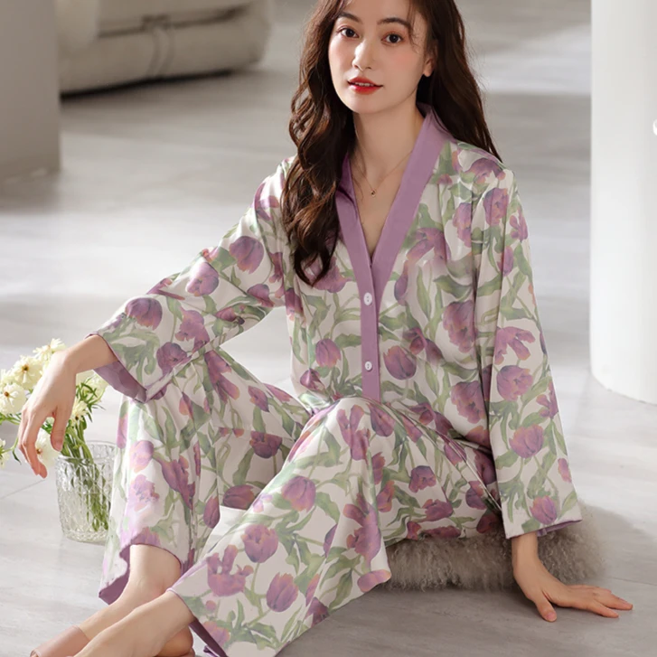 睡衣女夏季长袖甜美郁金香高级感家居服新款春秋季可外穿127薄款