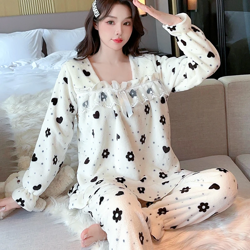 睡衣女款冬季保暖方领甜美加厚冬天法兰绒家居服可外穿套装5012