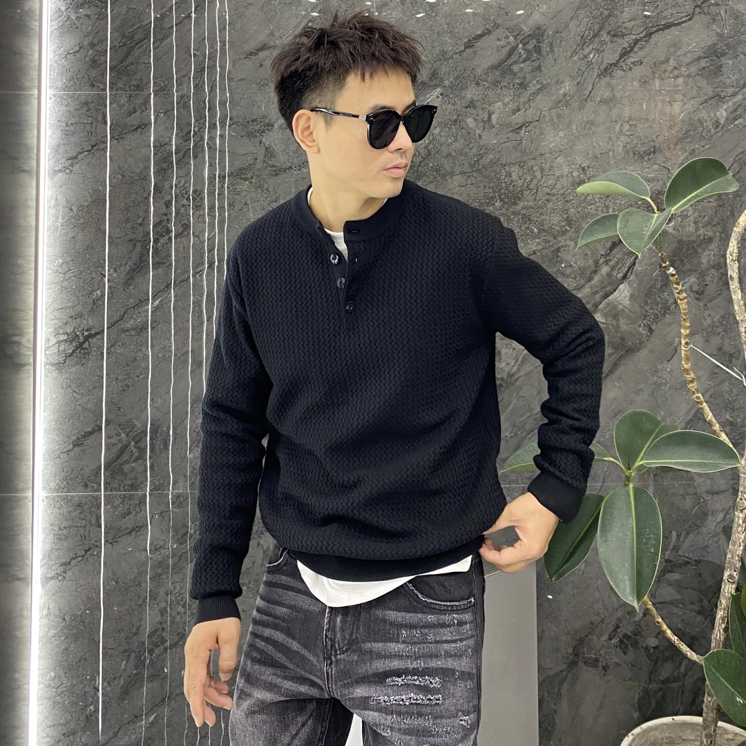 亨利领波浪纹提花套头修身针织衫百搭简约硬汉风痞帅毛衣打底衫