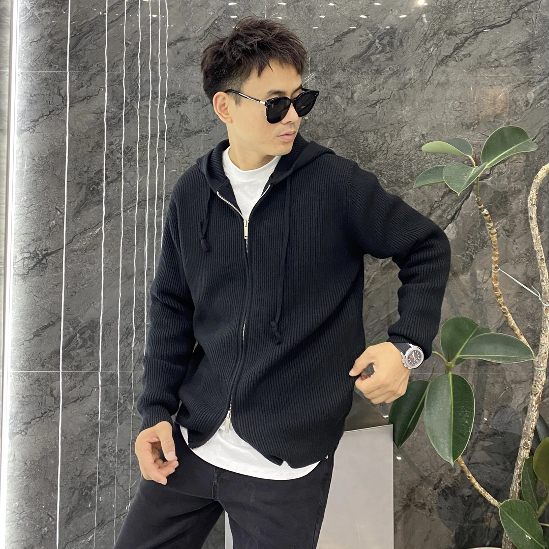 双拉链连帽韩版修身针织毛衣开衫卫衣外套休闲百搭个性针织帽衫