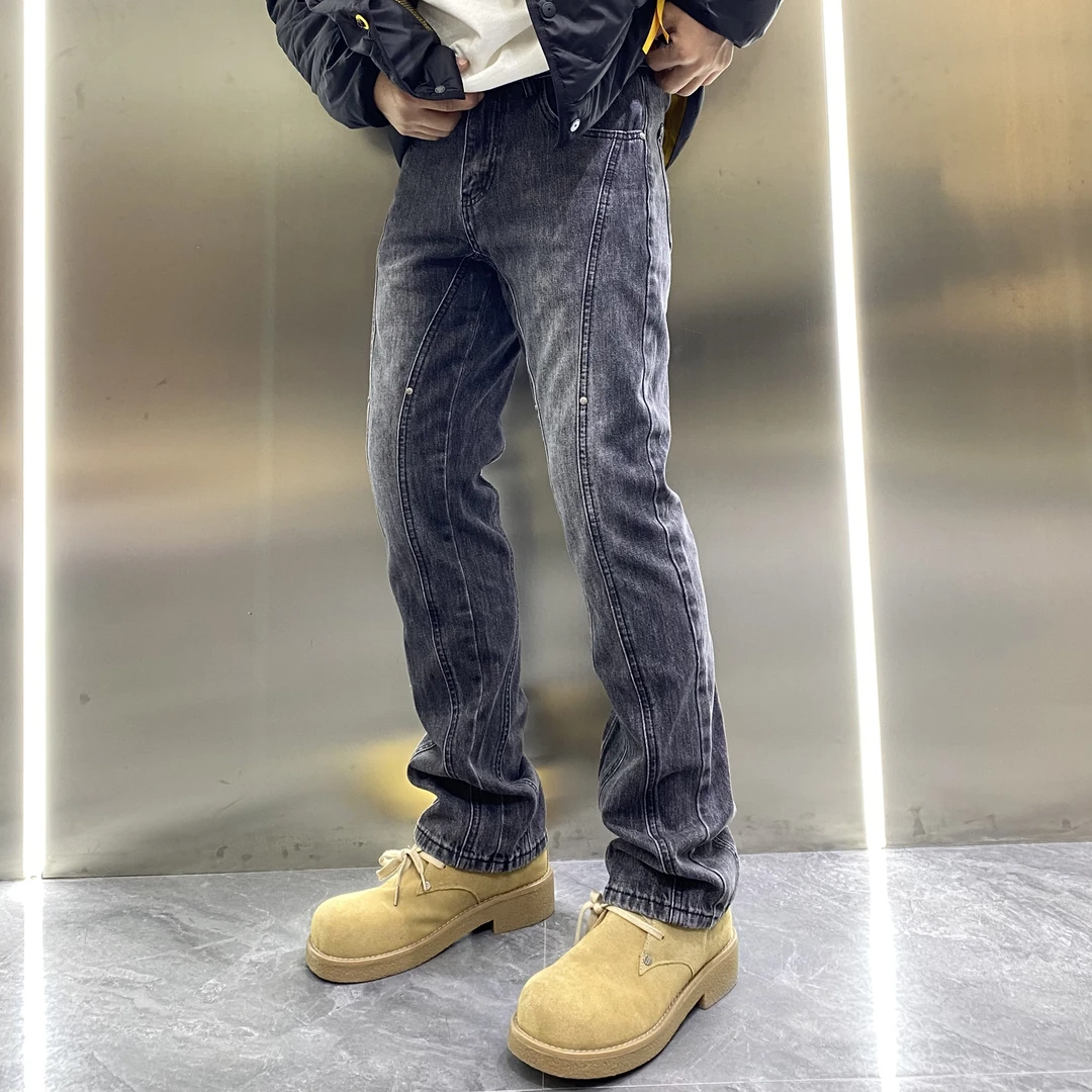 复古微喇立体裁剪水洗烟灰色小直筒无弹牛仔裤高街雅痞牛仔长裤