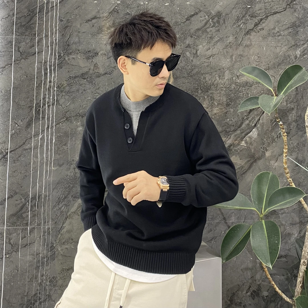 假两件亨利领撞色领口拼接套头V领纽扣毛衣针织衫雅痞痞帅风毛衫