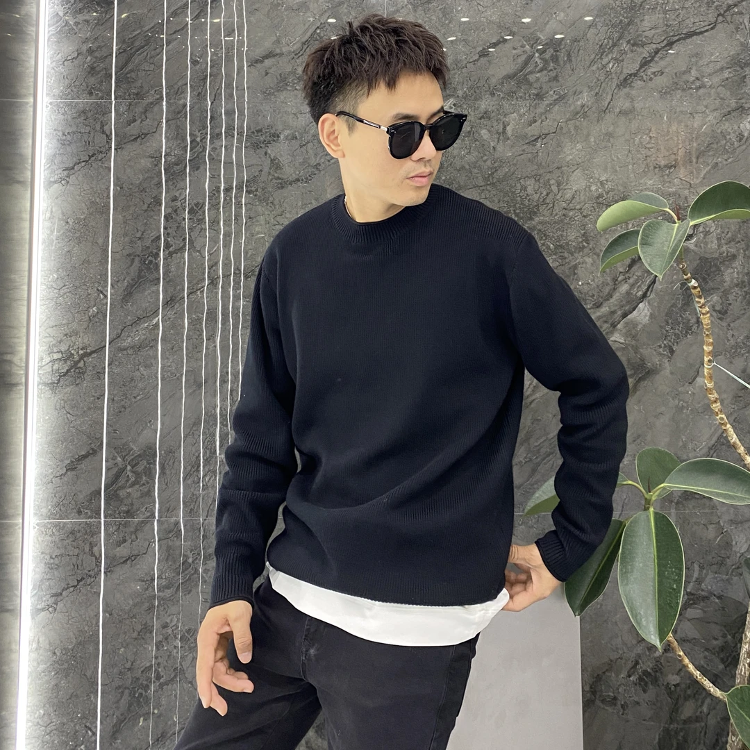 领口卷边设计简约纯色重磅百搭套头毛衣针织衫毛衣痞帅净版打底衫