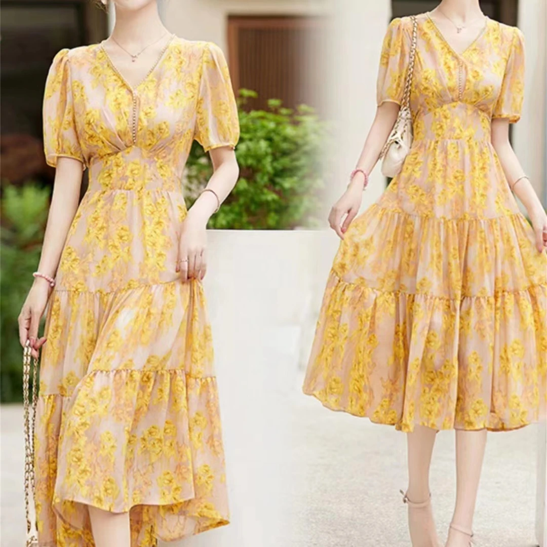 6382#长裙气质高级感碎花长款收腰夏季印花复古减龄修身v领裙子