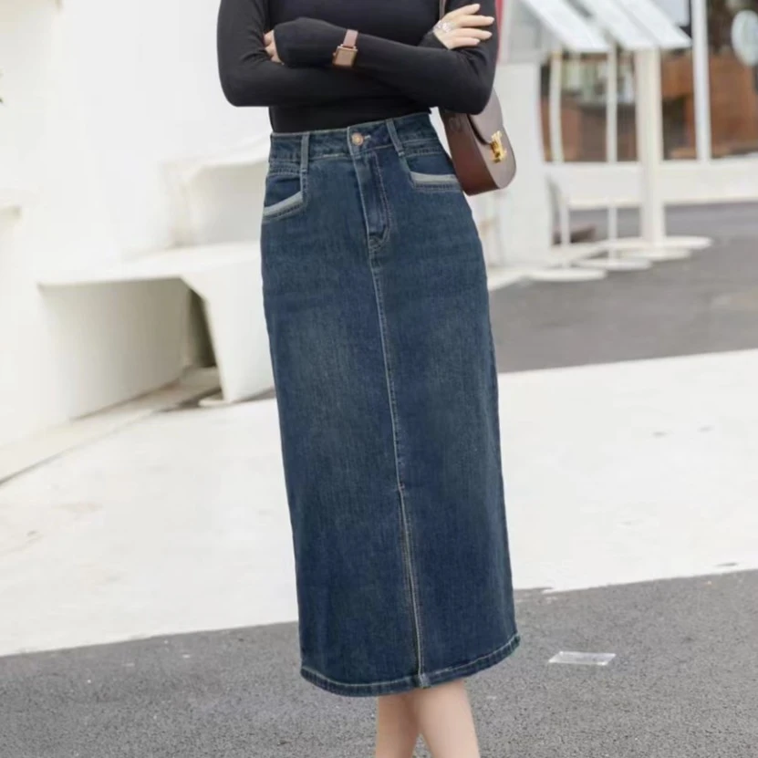 876#牛仔半裙高腰蓝色秋季显瘦气质时尚包臀中长款百搭开叉半裙