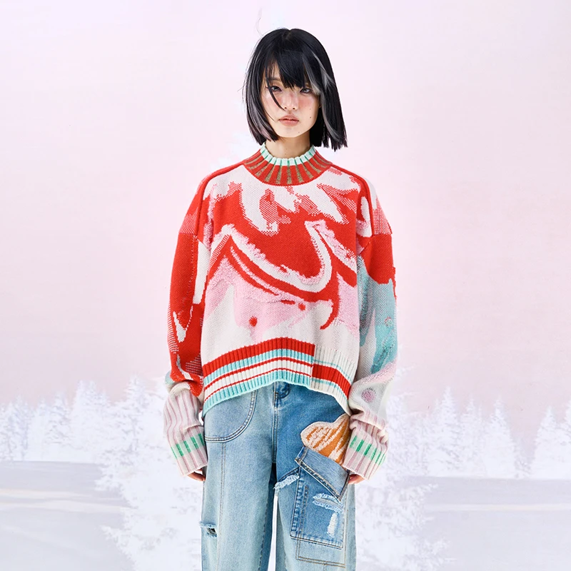 CHAURISING/洲升太阳花羊绒衫23101421宽松秋冬提花红色毛衣新年