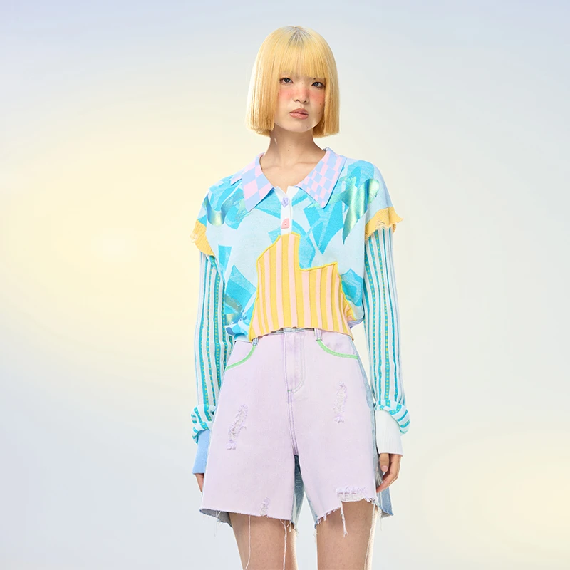 洲升/CHAURISING撞色拼接牛仔短裤22013014百搭夏季宽松时尚女士