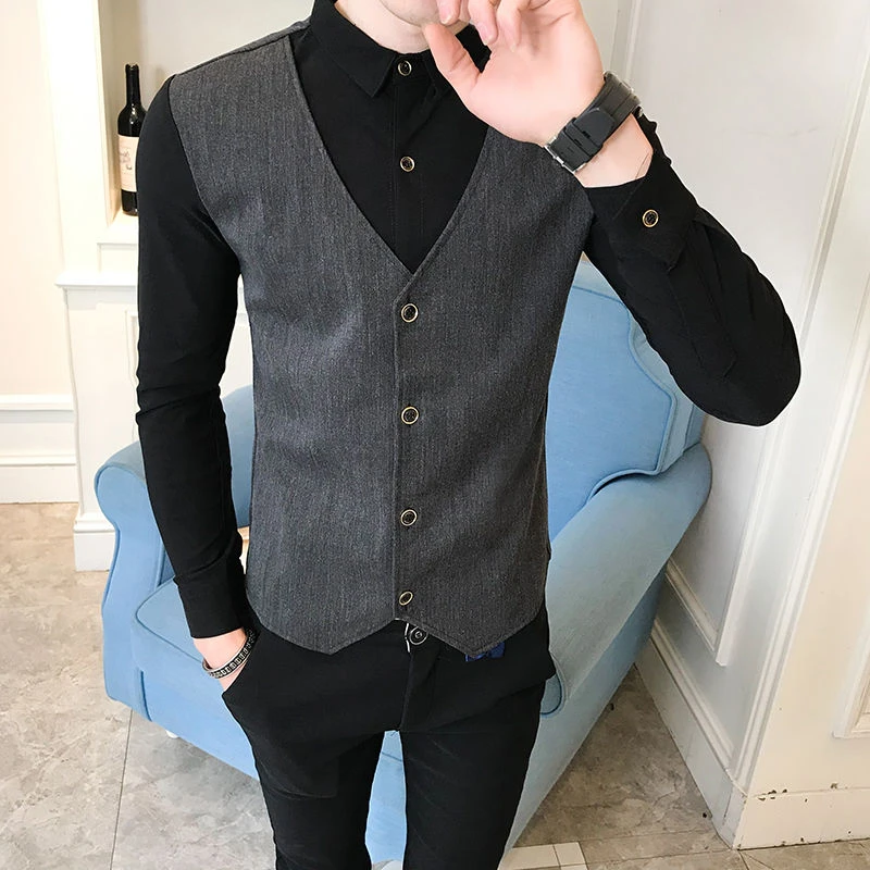 假两件男衬衫马甲长袖韩版潮流帅气拼接工作服痞帅职业男修身青春