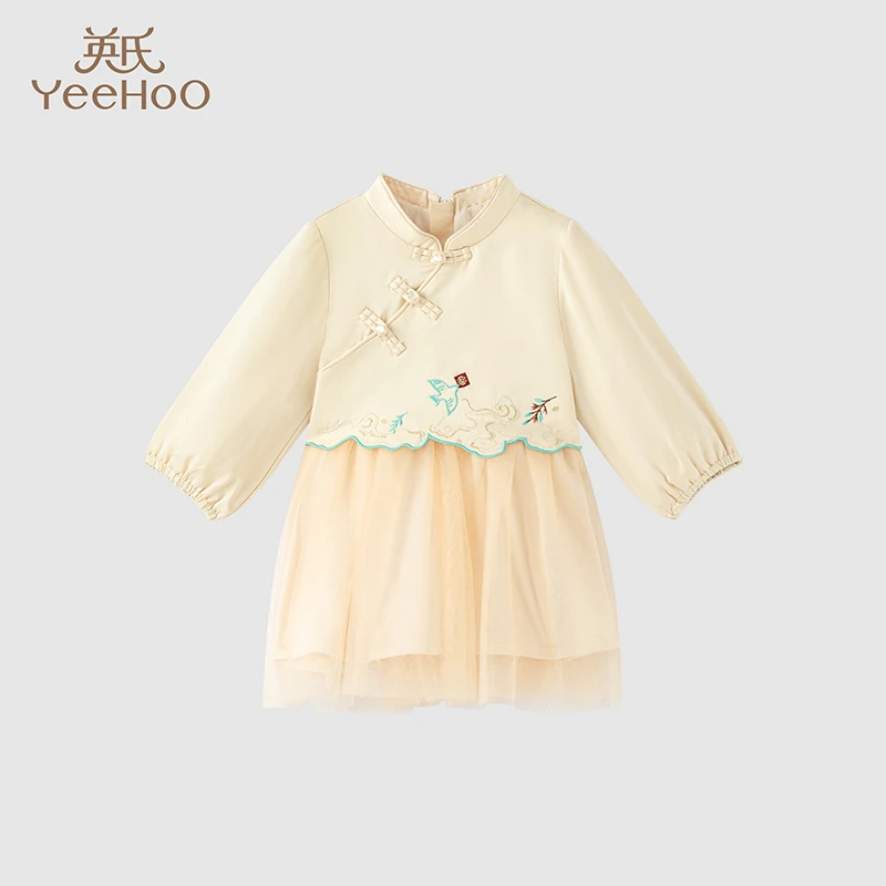 英氏【断码特惠】【商场同款】女童连衣裙秋冬新款加绒新国风连衣裙