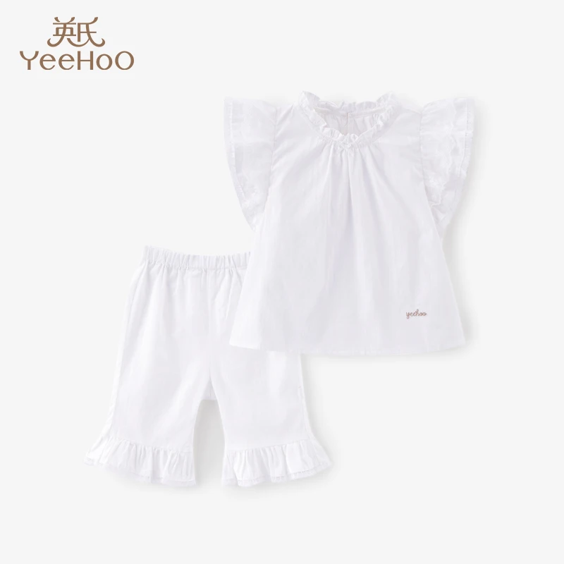 英氏女童套装开衫薄款背心短裤舒适凉快2022夏季新款马甲套装