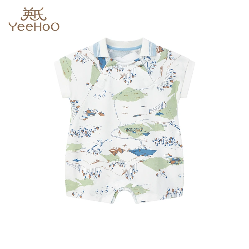 【满印山河插肩短袖】英氏新生儿连体衣哈衣男童纯棉时尚爬服