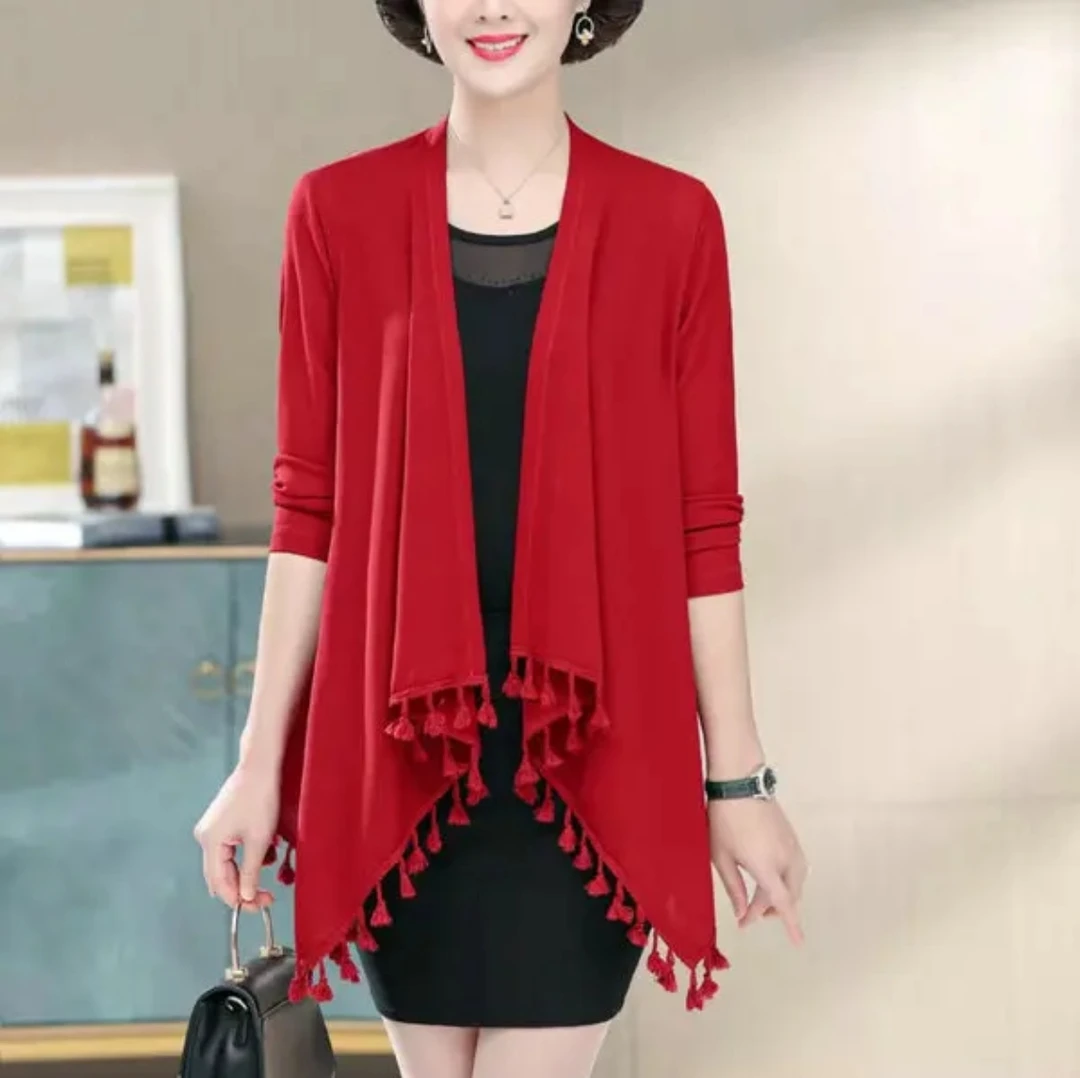 春秋季针织长袖流苏开衫披肩外披中长款
