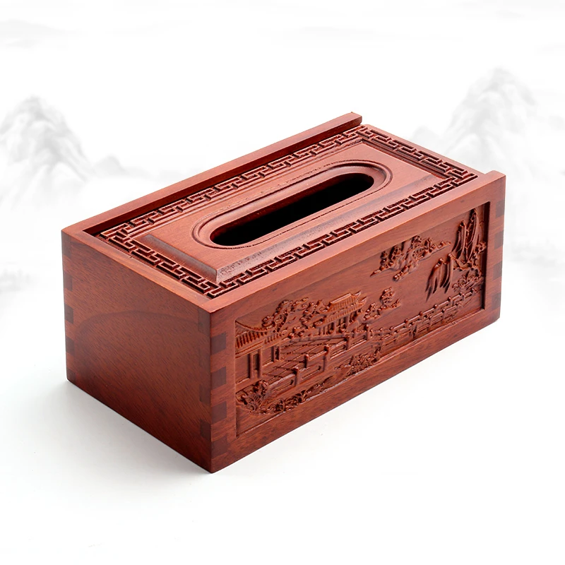 YH 实木纸巾盒 22cm花梨榫山水凉亭抽盖款