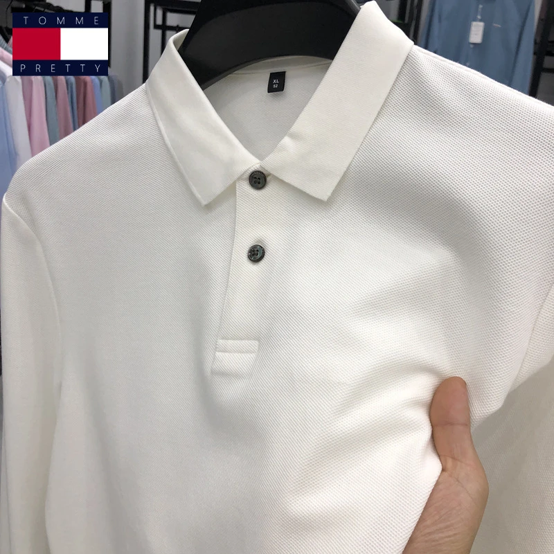 新品百搭丝光纯棉长袖t恤带领白色春秋装宽松POLO打底衫体桖上衣