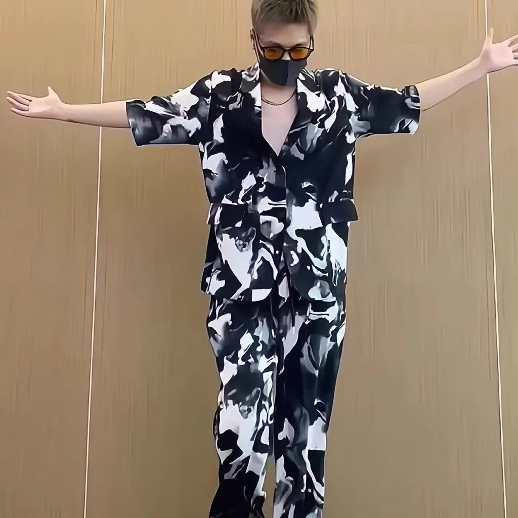 水墨色网红时尚衬衫套装男士夏季薄款ins潮流宽松衬衣长裤两件套