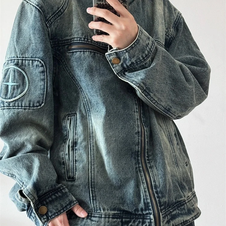美式复古水洗刺绣牛仔夹克男女款宽松休闲设计感外套
