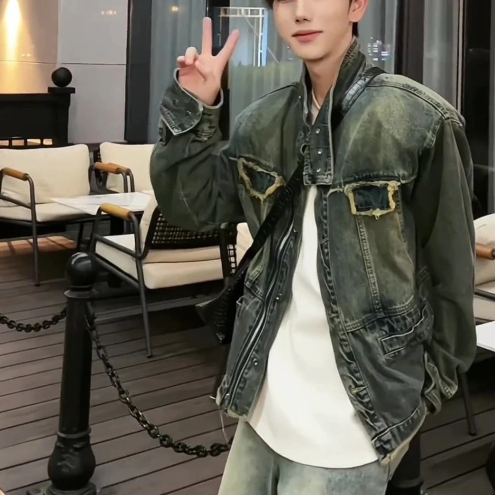 美式复古立领垫肩牛仔外套流苏设计感秋季男女毛边夹克牛仔衣