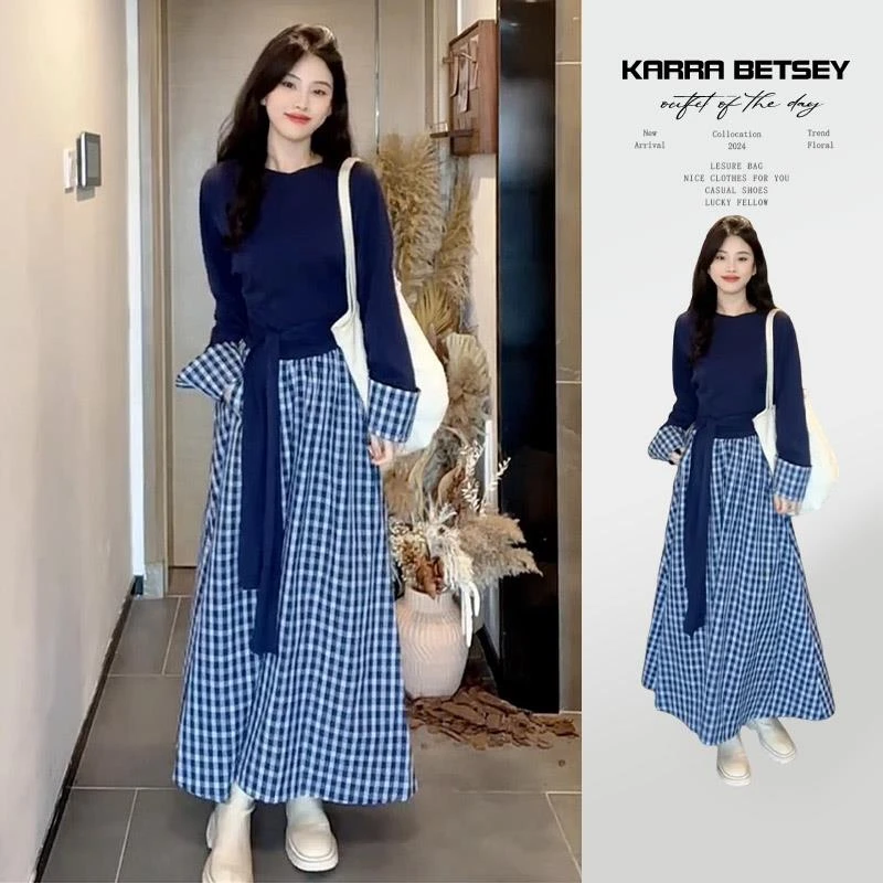 拉夏贝尔2024新款小个子蓝色格纹连衣裙子女早秋季韩系高级感穿搭